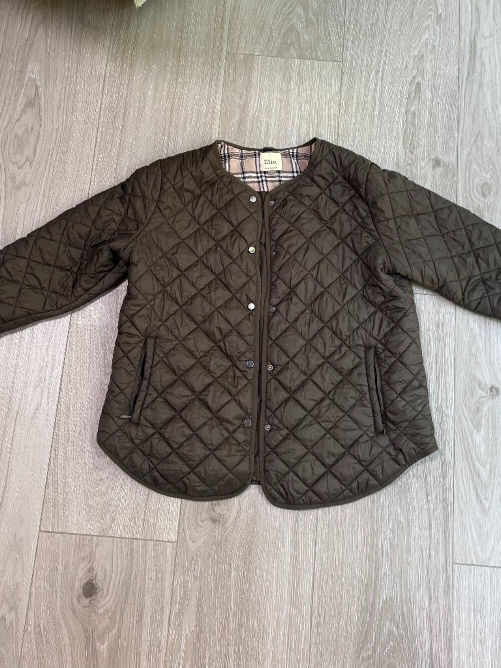 Elie Tahari XL Quilted Jacket Olive Brown Plaid Lined Lightweight Coat